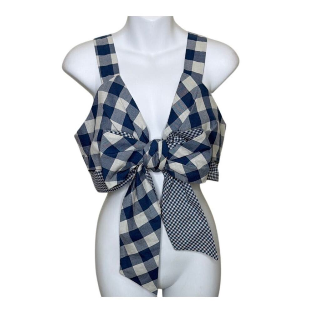 Just BEE Queen Riley Crop Top Gingham Blue White Plunge Bow Accent Size Medium